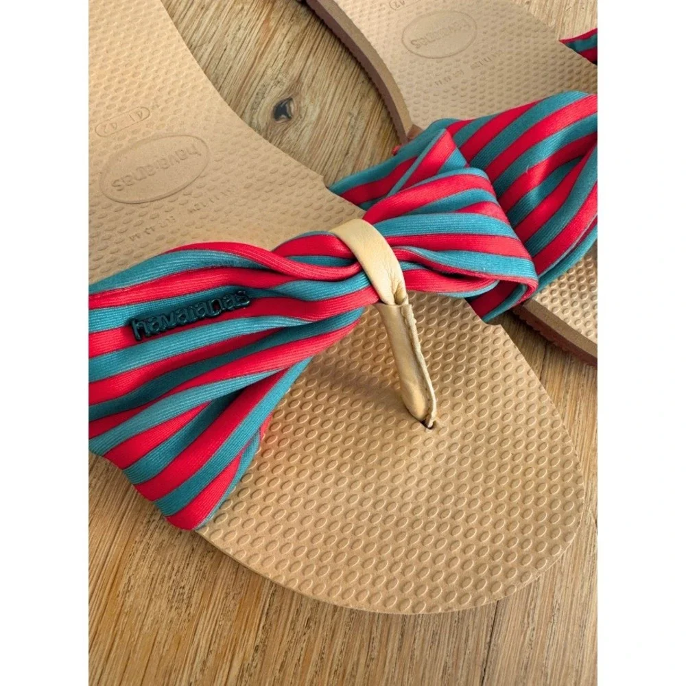 Havaianas Saint Tropez Striped Bow Slide Sandals Red Blue Coastal Resort 11/12